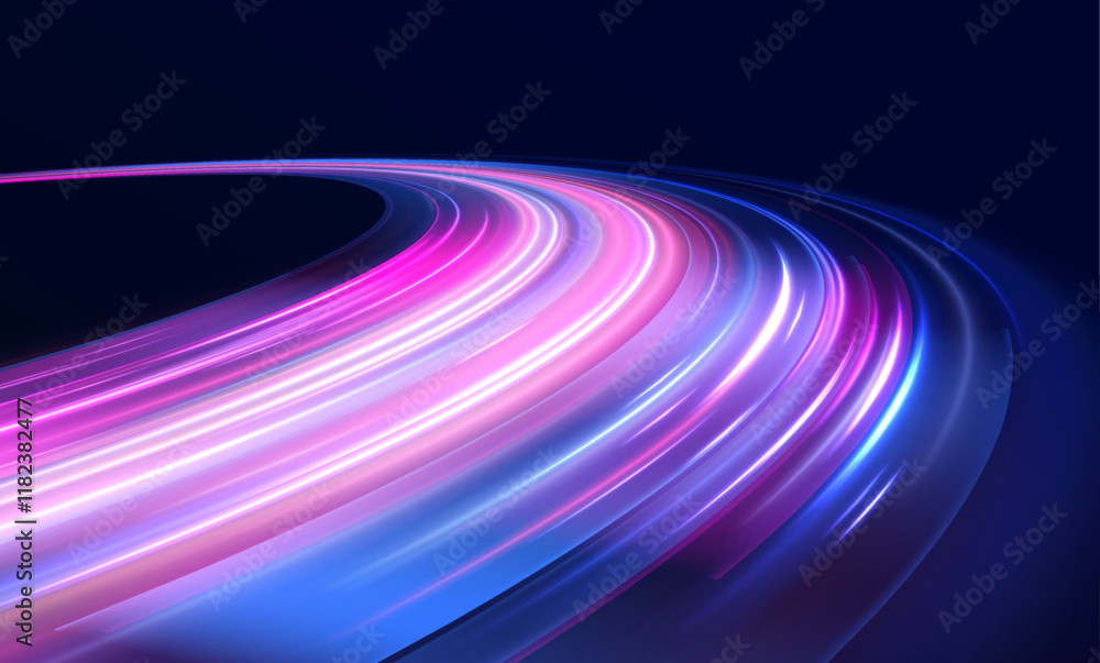 Poster speed trails of neon-colored lights create an abstract, glowing illustration of how rapidly technolo