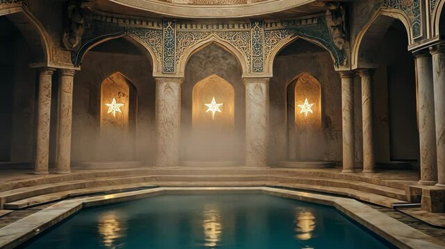 Relaxing in a beautifully designed hammam featuring intricate architecture and serene water reflections