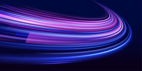 A stunning light display of neon trails travels through a dark, abstract landscape, illustrating the breakneck pace of innovation and technological growth.