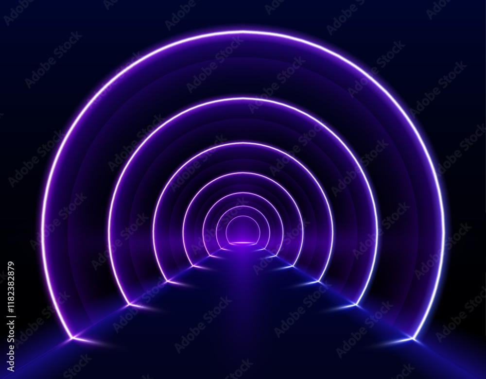Poster Glowing neon lines create a vibrant spectrum in an abstract 3D tunnel. Pink and blue colors form a circular portal leading into the unknown. 