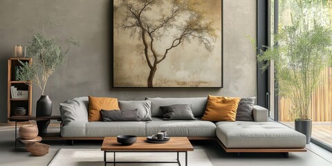 modern living room, minimalist interior design, large abstract wall art, grey sectional sofa, wooden coffee table, floor-to-ceiling windows, natural light, indoor plants, contemporary lighting, neutra