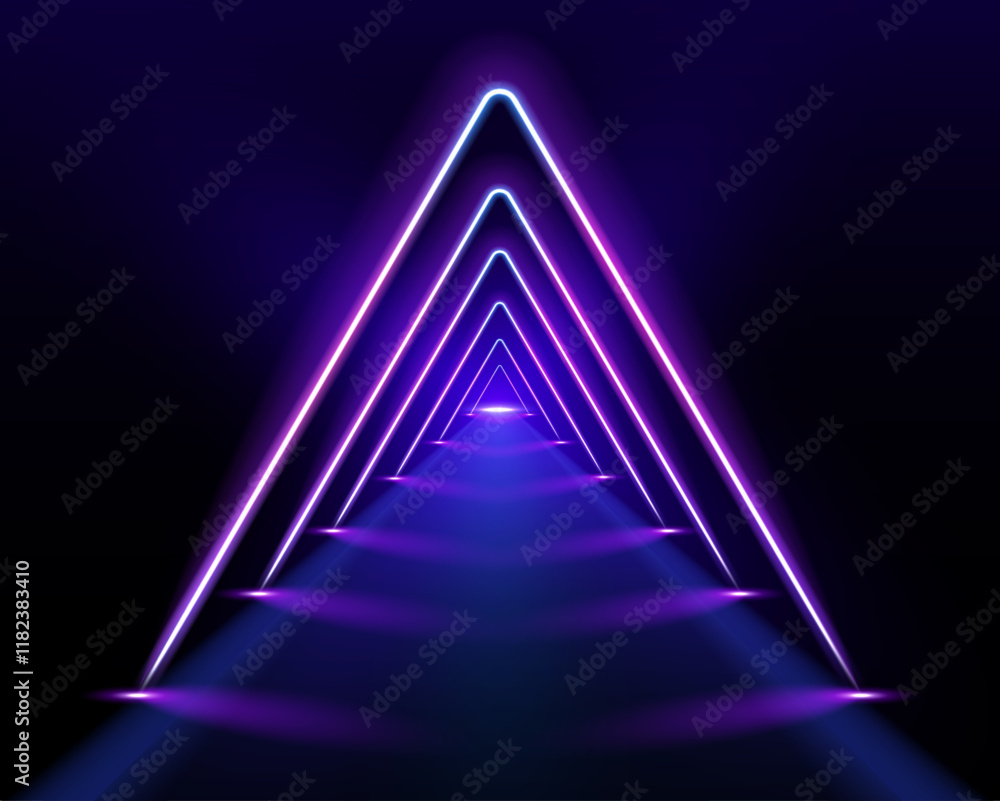 Poster electric neon lines in virtual reality tunnel. abstract rays technology retro background. futuristic