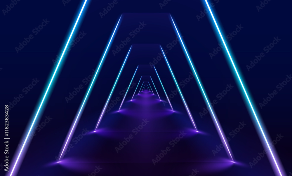 Poster Futuristic neon tunnel with reflections. This illustration features a dark neon tunnel with reflective surfaces and laser-like light trails. The glowing colors guide the viewer through an abstract.