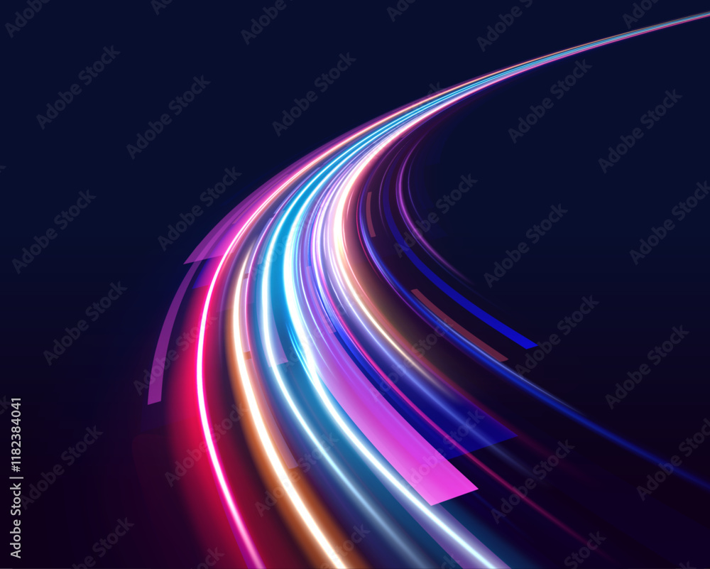 Poster An abstract neon-colored design of speed trails shows the magic of acceleration and futuristic motion. The glowing light beams represent the dynamic flow of energy.