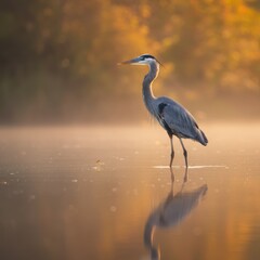 Naklejka premium Majestic great blue heron, shallow water reflection, golden hour light, soft focus background, nature photography, wildlife portrait, serene wetland scene, muted earth tones, misty atmosphere, high de