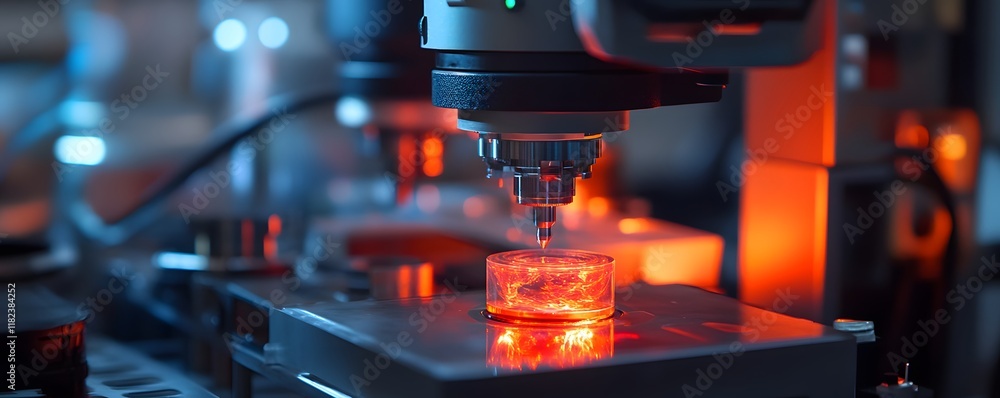 Poster a close-up view of a modern microscope in a laboratory setting, showcasing advanced technology and i