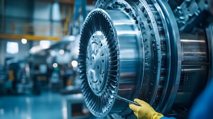 Fototapeta premium A close-up of a technician's hand using a wrench to adjust a large turbine engine in an industrial workshop, showcasing the intricate details and precision required in engineering.