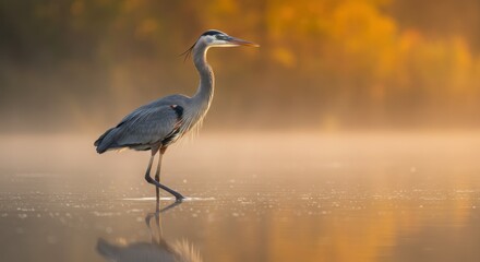 Naklejka premium Majestic great blue heron, shallow water reflection, golden hour light, soft focus background, nature photography, wildlife portrait, serene wetland scene, muted earth tones, misty atmosphere, high de