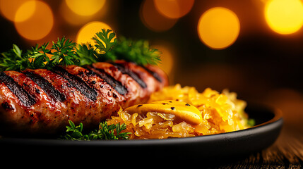 f0b German bratwurst sausage served with sauerkraut and mustard on a wooden plate