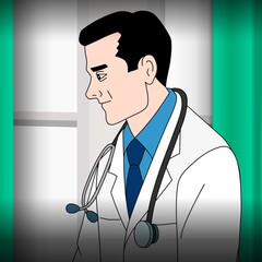 A man in a white coat is depicted with a stethoscope draped around his neck, symbolizing his role in healthcare. The background features a window, and the man's expression is focused and professional.