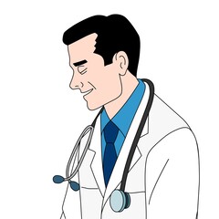 A man wearing a white coat and a blue shirt is depicted, with a stethoscope draped around his neck. He appears to be a medical professional, likely a doctor.