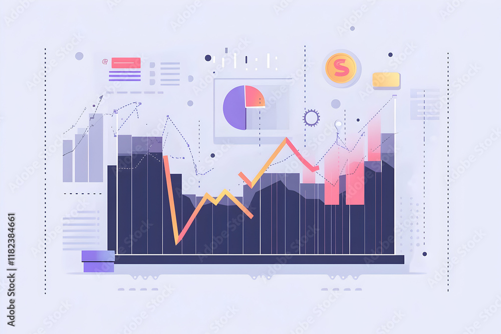 Aufkleber light gray background with a financial chart and graph line, a flat design vector illustration of a 