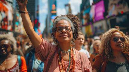 Obraz premium Confident woman raising fist during urban equality march
