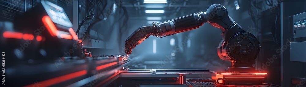 Poster a futuristic robotic arm working in a high-tech lab, highlighted by red lights and sleek design, rep
