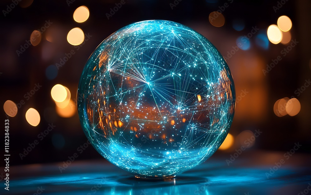 Poster a glowing crystal ball representing a digital network, showcasing interconnected lines and nodes, sy