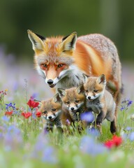 Obraz premium A fox and her three playful kits in a colorful wildflower field.