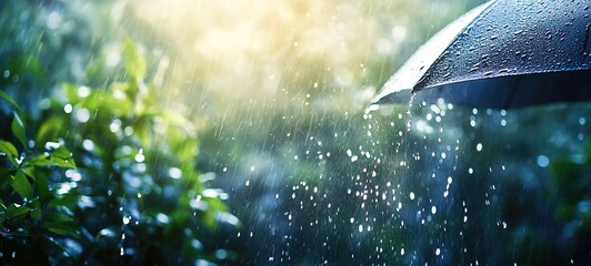 Fototapeta premium A photo of heavy rain pouring down, raindrops falling on an umbrella and splashing in the air, creating a blurry background with green plants in the distance. 