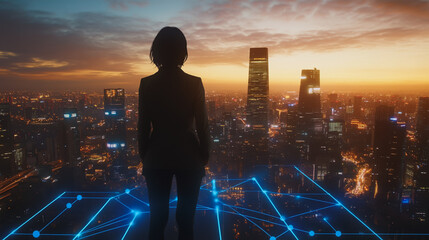 Abstract business woman stands on the peak of success amid tall, innovative Smart city and graphs with statistics to analyze business potential and predict future developments in company growth.