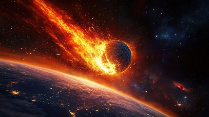 An asteroid impacting Earth, with fire and smoke coming off of it. The Earth is seen from space in the background.