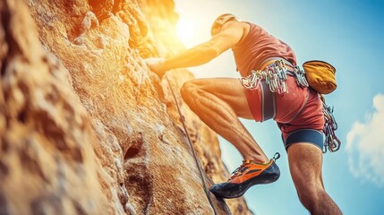 A rock climber ascends a steep cliff face. Ideal for sports, adventure, and travel websites or articles about climbing.