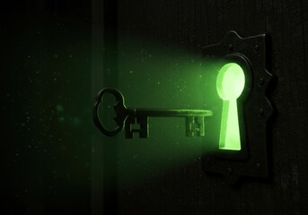 Glowing green keyhole, antique skeleton key, dark mysterious background, eerie light, surreal atmosphere, symbolic imagery, secret passage concept, intrigue and curiosity, shadowy environment, dream-l