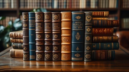 Antique Leather Bound Books Arranged on Wooden Table