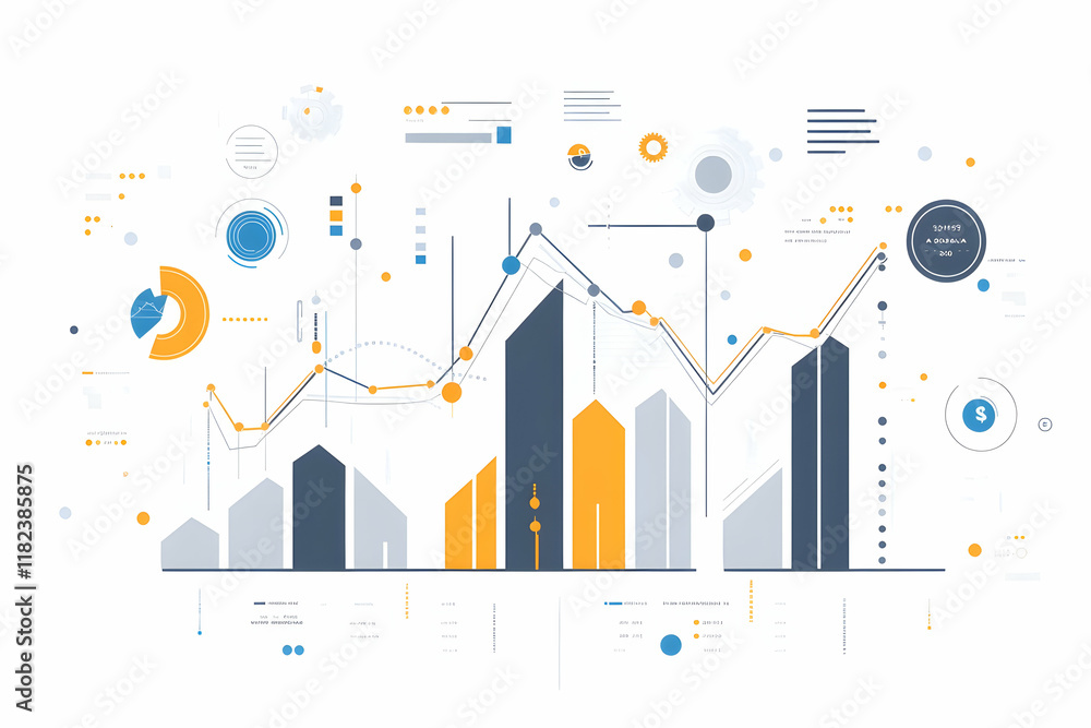 Aufkleber abstract background with a grey flat bar graph and line chart of stock market or financial data, vec