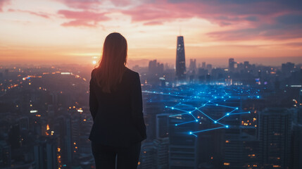 Abstract business woman stands on the peak of success amid tall, innovative Smart city and graphs with statistics to analyze business potential and predict future developments in company growth.