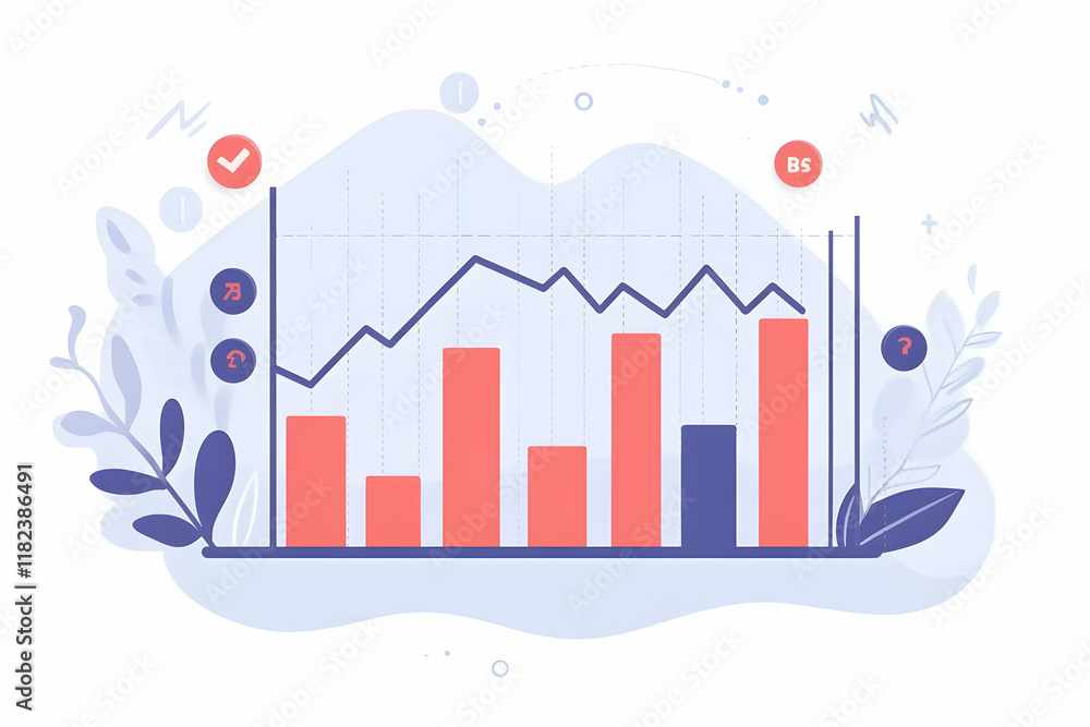 Poster light gray background with a financial chart and graph line, a flat design vector illustration of a 