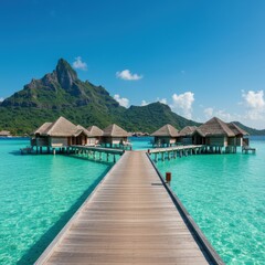 Tropical paradise, Bora Bora, overwater bungalows, wooden pier, turquoise lagoon, lush mountain peak, clear blue sky, white sandy beach, palm trees, luxury resort, crystal clear water, idyllic vacatio