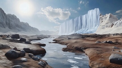Glacier melting under harsh sunlight, streams of water flowing from the ice. Climate change awarness. Generative AI 