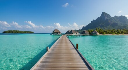 Tropical paradise, Bora Bora, overwater bungalows, wooden pier, turquoise lagoon, lush mountain peak, clear blue sky, white sandy beach, palm trees, luxury resort, crystal clear water, idyllic vacatio