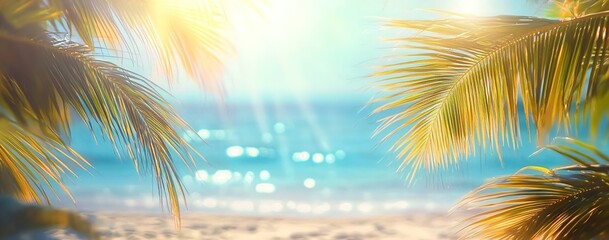 Beautiful summer background with palm trees, sandy beach, and blue sea. Vacation concept banner