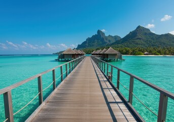 Tropical paradise, Bora Bora, overwater bungalows, wooden pier, turquoise lagoon, lush mountain peak, clear blue sky, white sandy beach, palm trees, luxury resort, crystal clear water, idyllic vacatio