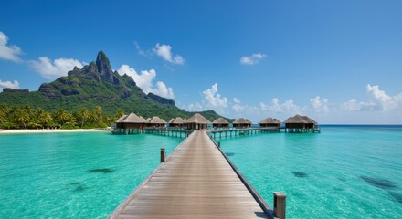 Obraz premium Tropical paradise, Bora Bora, overwater bungalows, wooden pier, turquoise lagoon, lush mountain peak, clear blue sky, white sandy beach, palm trees, luxury resort, crystal clear water, idyllic vacatio