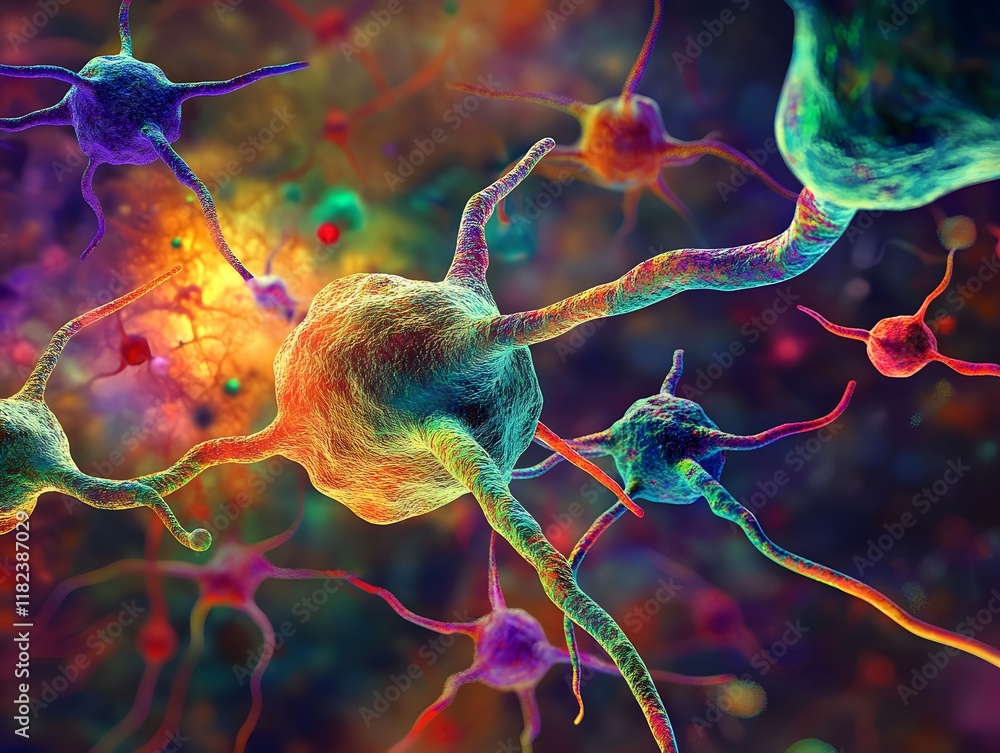 Poster an abstract representation of colorful neurons and synapses, highlighting the complexity of the nerv