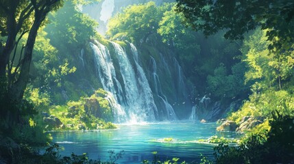 Serene waterfall cascading into a tranquil pool surrounded by lush green forest.