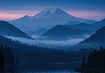 Majestic snow-capped mountain peak, misty blue mountain ranges, twilight sky, serene alpine lake, evergreen forest silhouettes, tranquil landscape, cool color palette, ethereal atmosphere, panoramic v
