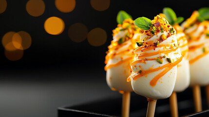 f0b Indian kulfi ice cream on sticks with pistachio and saffron garnish