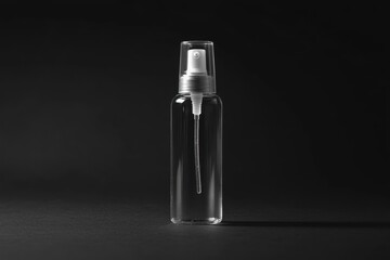 Clear glass spray bottle with a nozzle in a minimalistic design, placed on a dark background illuminating the elegance of the product's simplicity.