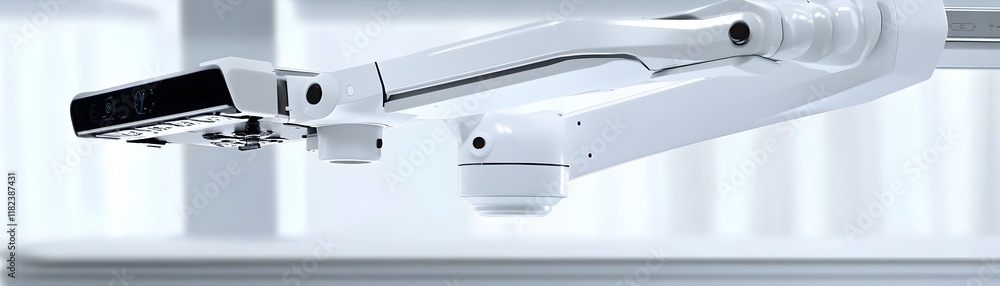 Poster close-up view of a modern robotic arm, showcasing its advanced design and functionality