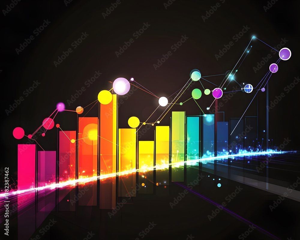 Poster colorful bar graph with dynamic data visualization elements on a dark background, illustrating growt