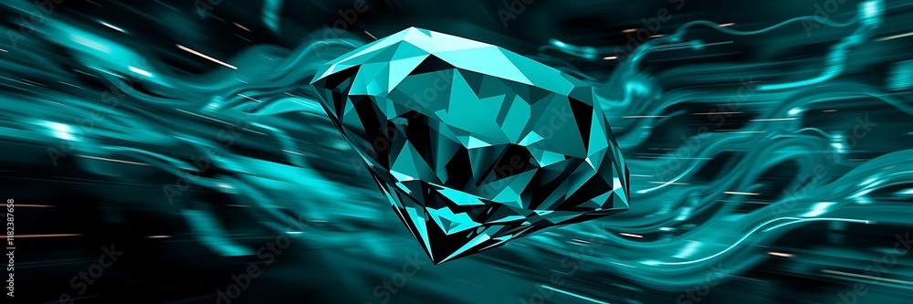 Poster sparkling turquoise diamond surrounded by flowing light patterns in motion