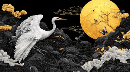 White crane in flight over black and gold water, moon, flowers, and butterflies.