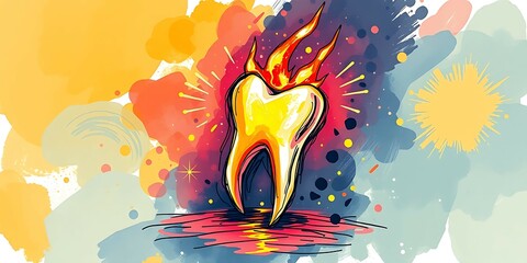 Bright and bold tooth illustration with fiery accents in colorful background, highlights the importance of dental care