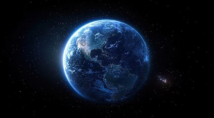 A blue Earth with glowing starlight in the space background