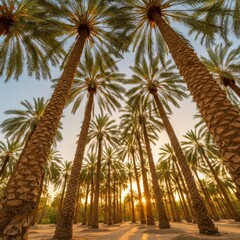 Obraz premium Palm tree grove, golden sunset light, towering date palms, symmetrical rows, looking upward, frond canopy, desert oasis, dramatic perspective, wide-angle lens, sun rays filtering through trees, lush t