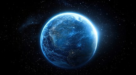 Obraz premium A blue Earth with glowing starlight in the space background