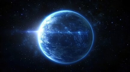 A blue Earth with glowing starlight in the space background
