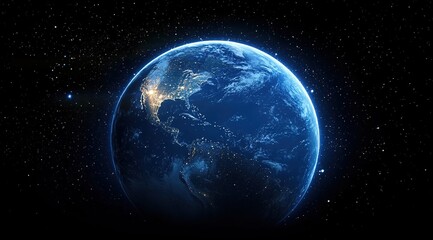Obraz premium A blue Earth with glowing starlight in the space background